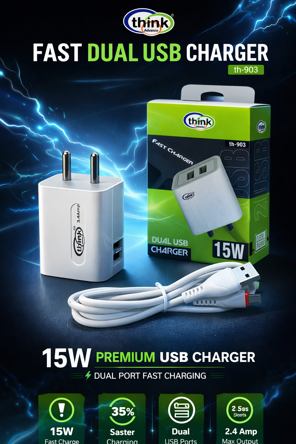 Think Advance 15W Dual USB Fast Charger (th-903)